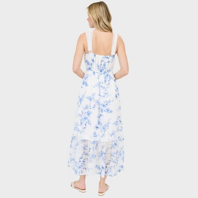 Blue Floral Lace Trim Sleeveless Chiffon Midi Dress