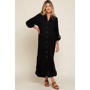 Pinkblush Black Button Down 3/4 Sleeve Maternity Midi Dress - 1 of 4