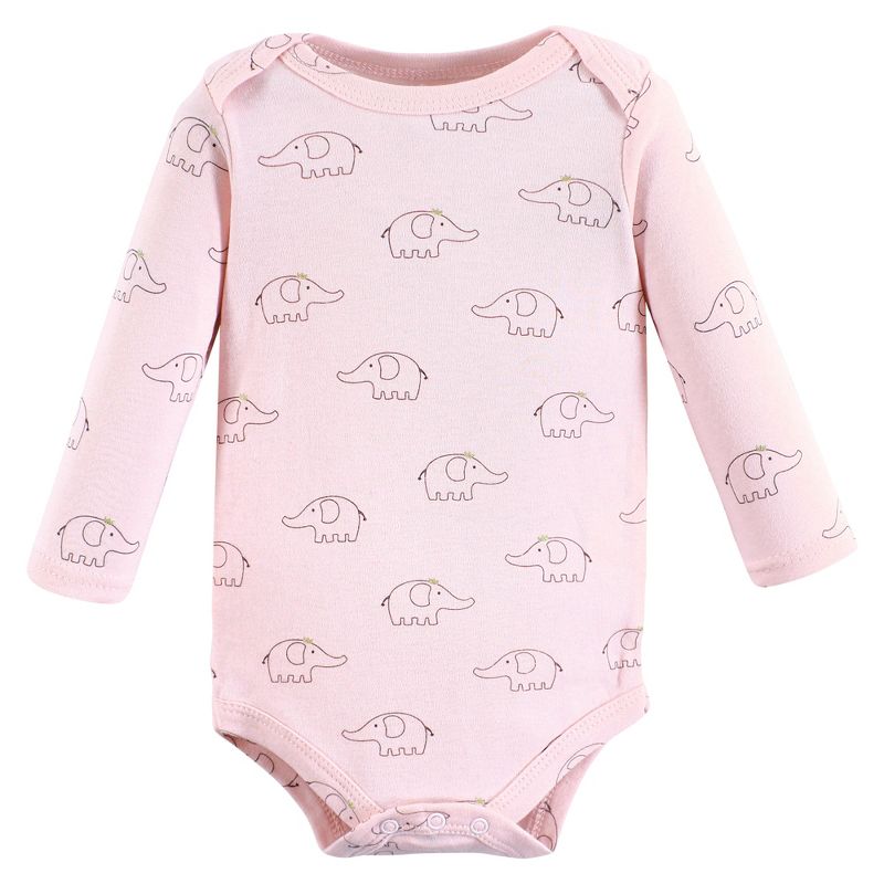 Hudson Baby Infant Girl Cotton Long-Sleeve Bodysuits, Pink Gray Elephant 3-Pack, 6 of 7