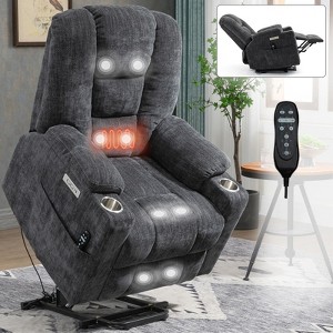 Gray Chenille Large Power Lift Recliner Chair with Massage and Heat 2 Steel Cup Holders for Elderly - 1 of 4