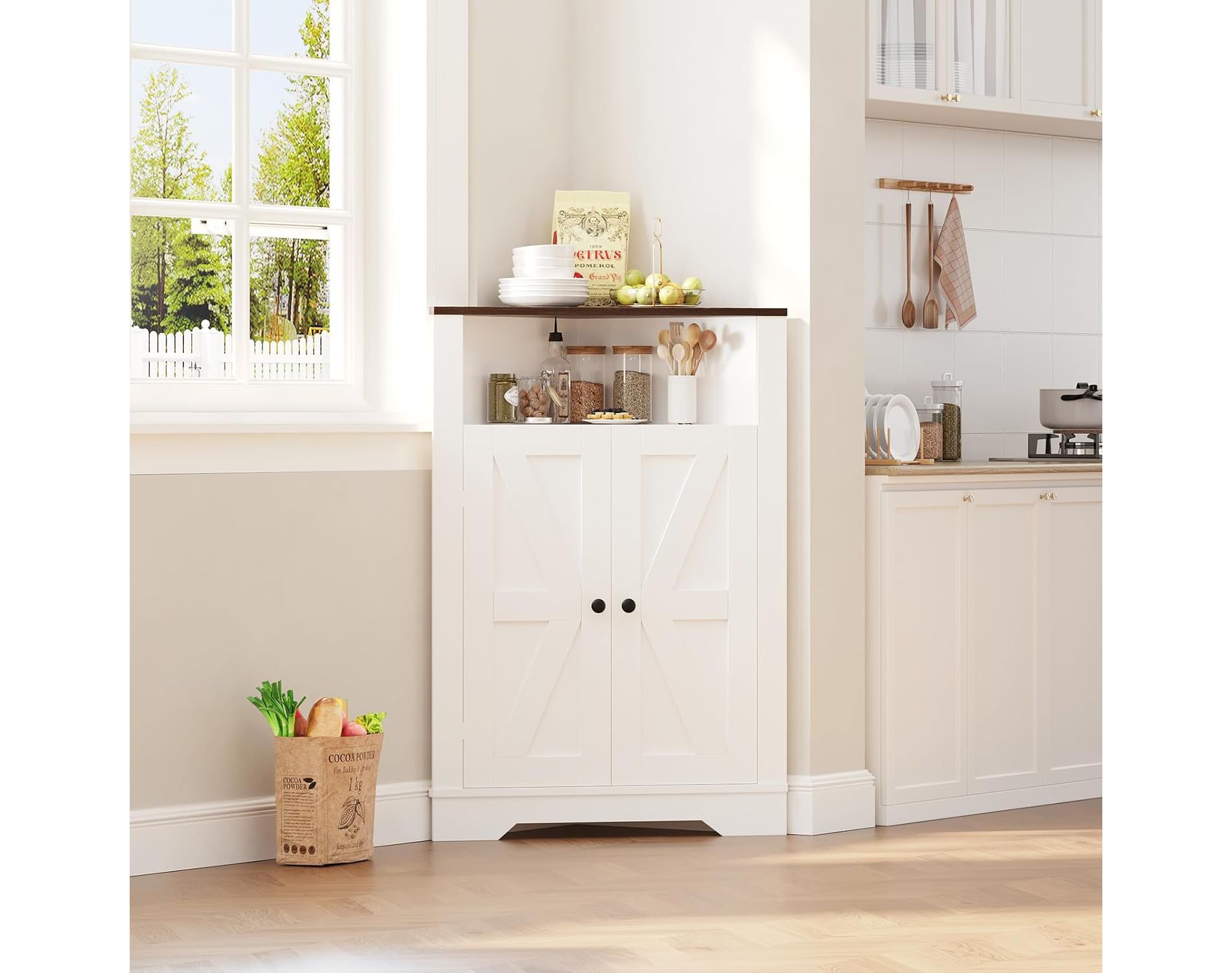Corner Storage Cabinet, farmhouse style with door and adjustable shelf, narrow organizer for bathroom pantry living room kitchen.