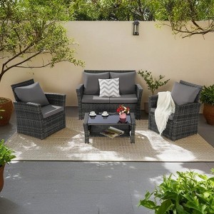 4-Piece Outdoor Patio Rattan Conversation Sofa Set with Tempered Glass Coffee Table - 1 of 4