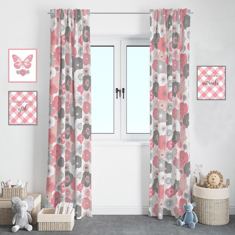 Bacati - Watercolor Floral Coral Gray Cotton Printed Single Window Curtain Panel, 2 of 5