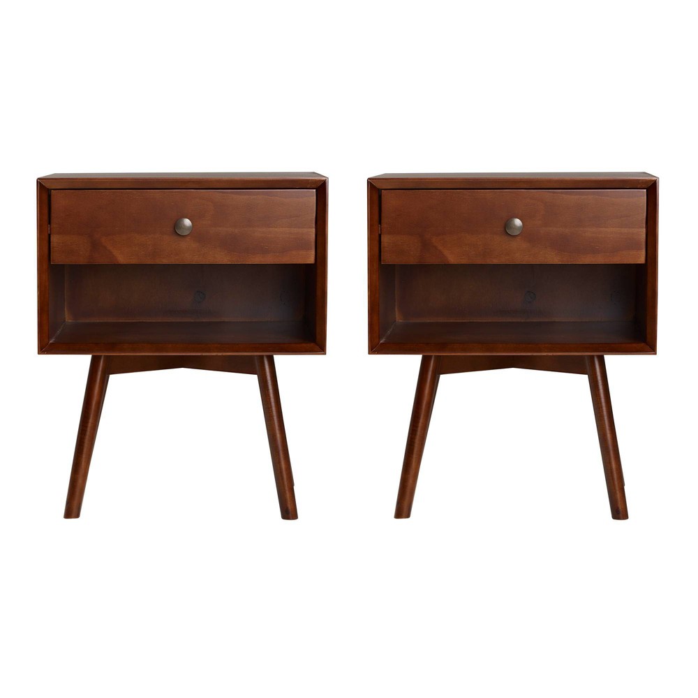 Photos - Storage Сabinet Set of 2 Greenberg 1 Drawer Mid-Century Modern Solid Wood Nightstands Waln