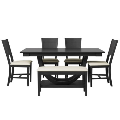 NicBex 6-Piece Rectangle Dining Table Set with 4 Cushion Seat Dining Chairs & Upholstered Bench for Kitchen,Dining Room