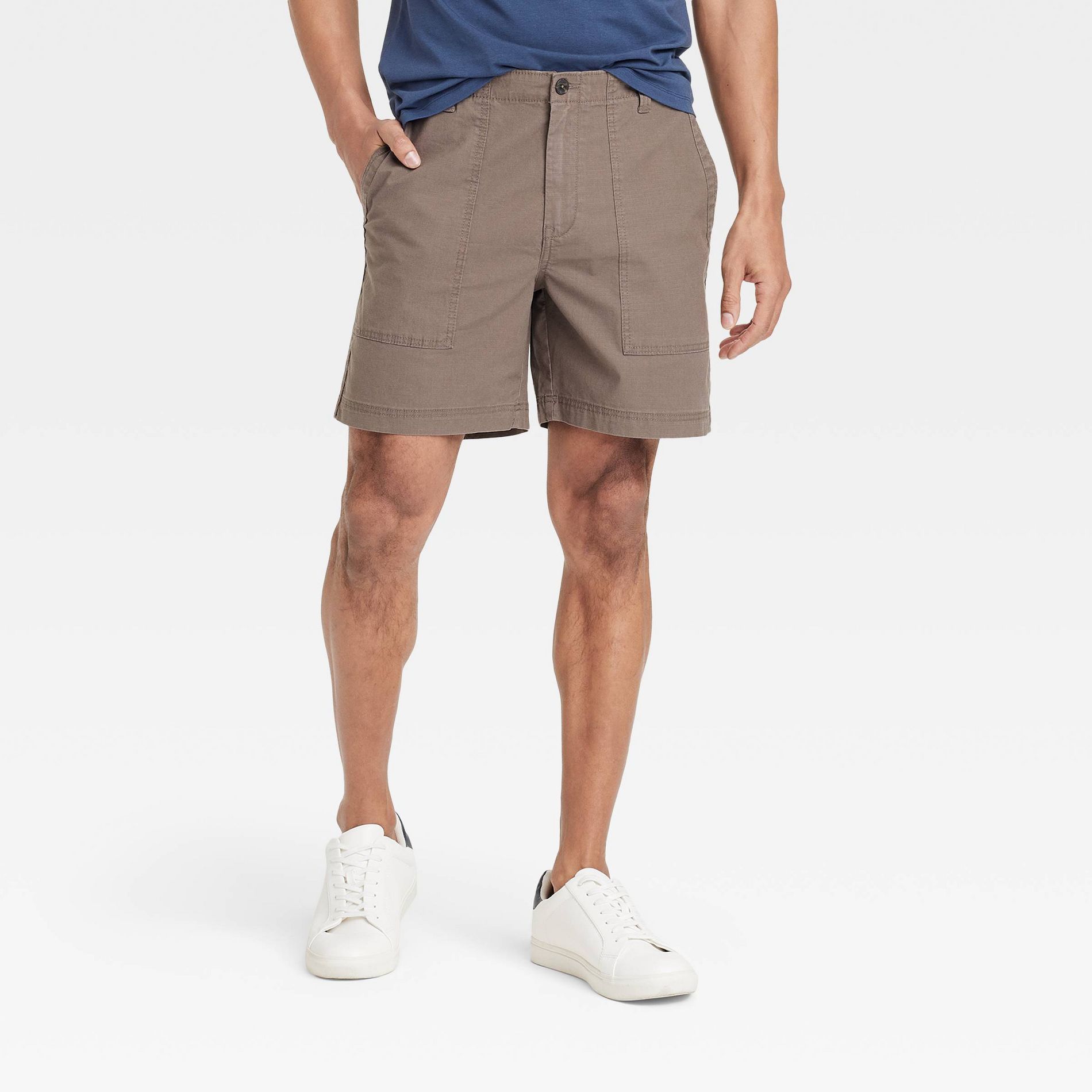Men's 7" Ripstop Shorts - Goodfellow & Co™ Gray S: Cotton-Spandex Blend, Mid Rise, Flap & Side Pockets, Machine Washable