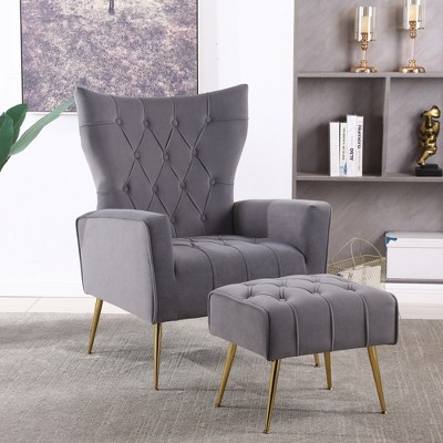Accent Chair With Ottoman Set Of 2, Velvet Button Armchair With Backrest, Modern Upholstered Sofa Chair With Metal Legs For Living Room