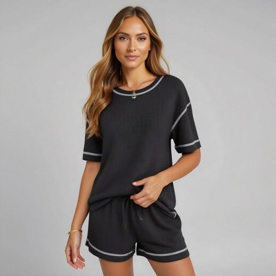 Knit & Lounge Women’s Short Sleeve Lounge Set Contrast Trim Crew Neck Waffle Knit Drawstring Shorts Two-Piece Outfit