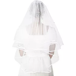 Sparkle and Bash 2 Tier Veil for Bride, White Bridal Wedding Veil with Crystals (30 In)
