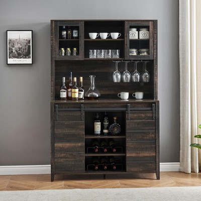 Whizmax 70" Farmhouse Coffee Bar Wine Cabinet with Sliding Barn Doors and Storage,Tall Kitchen Hutch with Wine & Glasses Rack for Kitchen, Dining Room
