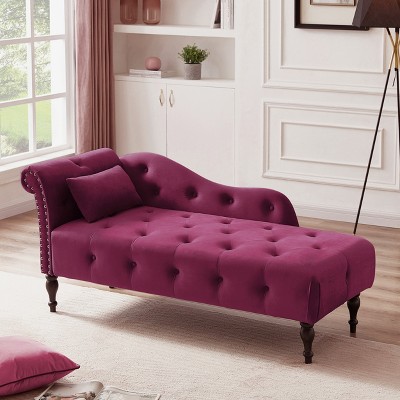 Beautyolove 60.6" Velvet Chaise Lounge Buttons Tufted Nailhead Trimmed Solid Wood Legs with 1 Pillow,Burgundy