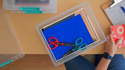 Clear Stackable Plastic Storage Boxes with Blue Latches, 12 Qt, Set of 4