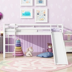 Twin Size Low Loft Bed with Slide, Ladder, Safety Guardrails and Rubber Wood Frame, Gray/White/White Oak-ModernLuxe - 1 of 4
