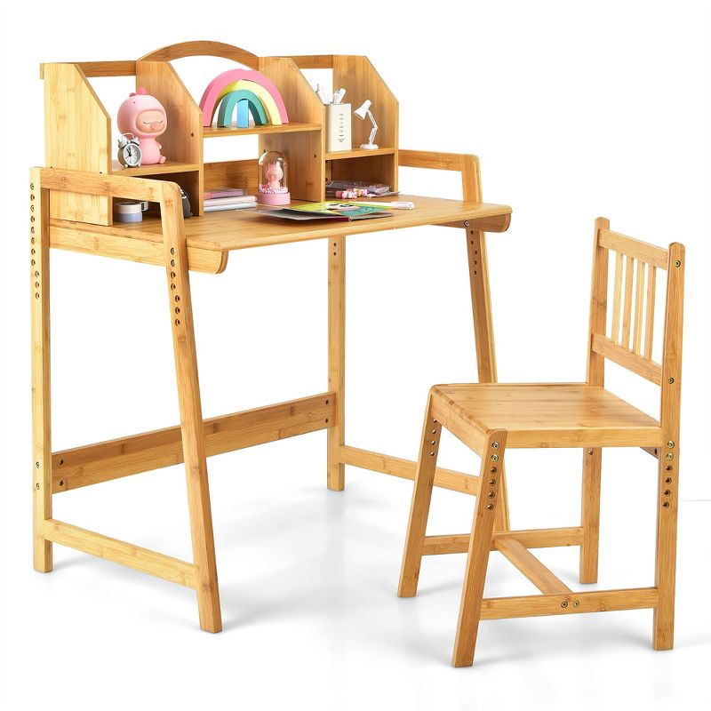 Costway Bamboo Kids Study Desk And Chair Set  Height Adjustable Home School w/ Bookshelf, 1 of 11