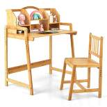 Costway Bamboo Kids Study Desk And Chair Set  Height Adjustable Home School w/ Bookshelf