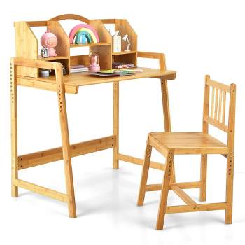 Costway Bamboo Kids Study Desk And Chair Set  Height Adjustable Home School w/ Bookshelf