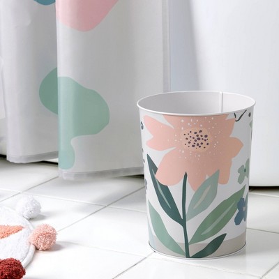 White Floral Metal Wastebasket for Kids' Bathroom