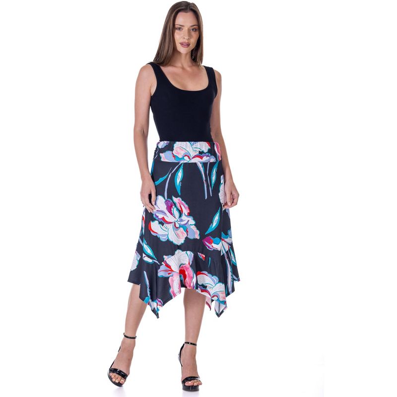 24seven Comfort Apparel Womens Elastic Waist Floral Knee Length Handkerchief Hemline Skirt, 4 of 7