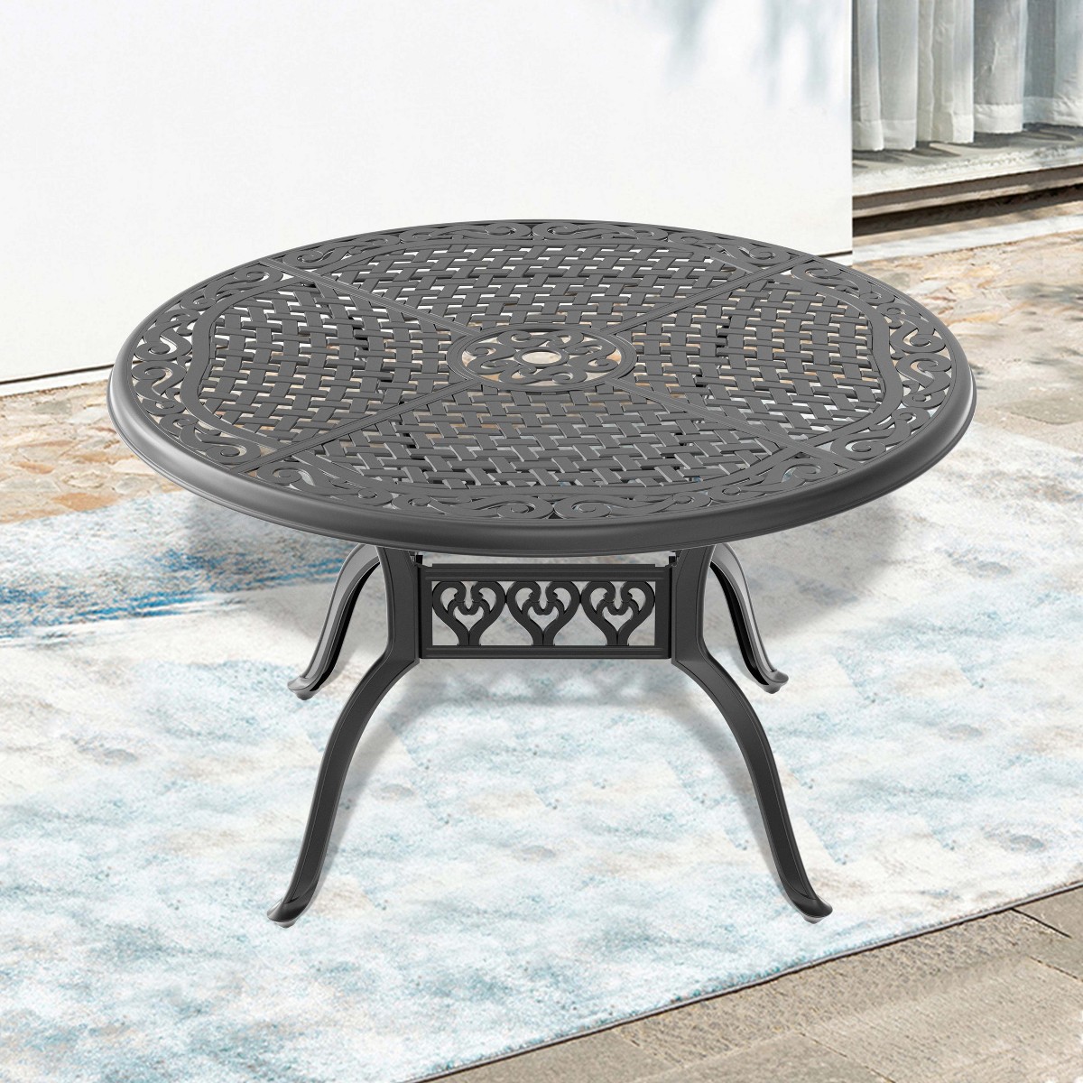 48 inch round patio table with umbrella hole PATIO-IN Cast Aluminum Table,48" Patio Dining for 4-6 Person Hole,Metal Patio Table Outdoor Round Bistro Dining Table for Garden,Yard,Black : Patio, Lawn & Garden durable cast aluminum frame Woodard Deluxe 48-Inch Round Obscure