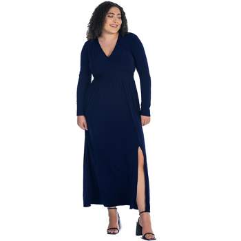24seven Comfort Apparel Long Sleeve V Neck Side Slit Plus Size Maxi Dress