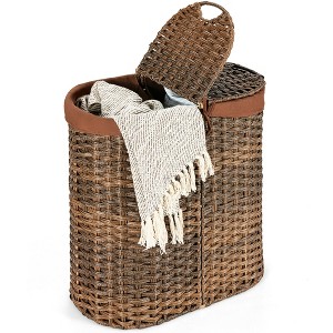 Costway Handwoven Laundry Hamper Laundry Basket w/2 Removable Liner Bags Brown/Grey - 1 of 4