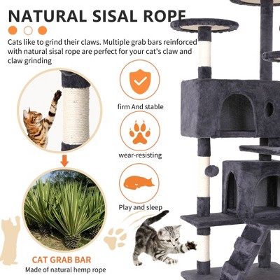 54" Gray Multi-Level Cat Tree Tower with Sisal Posts
