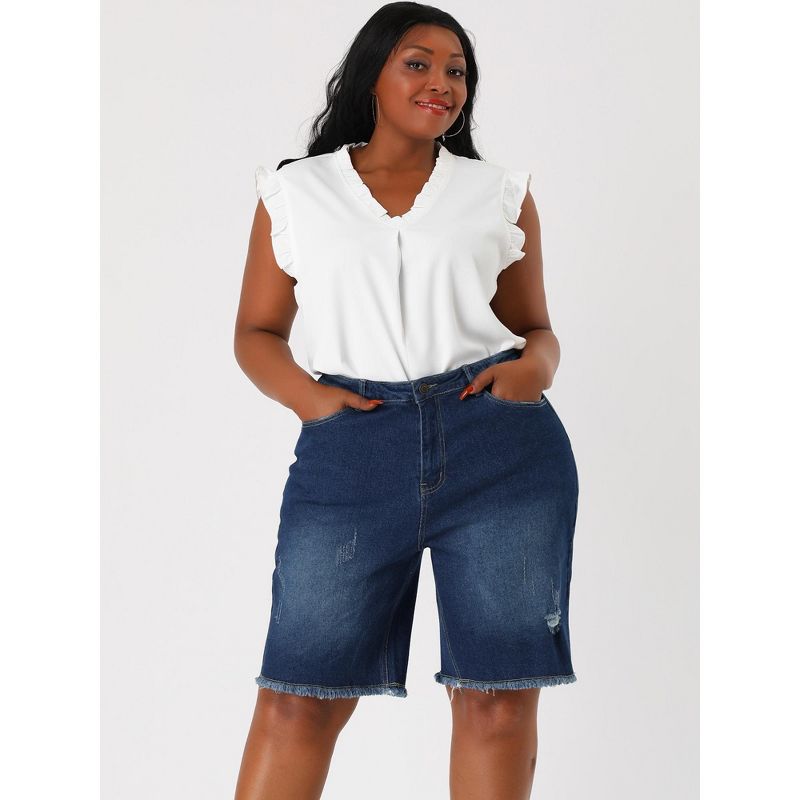 Agnes Orinda Women's Plus Size Denim Shorts Mid Rise Ripped Frayed Bermuda Jean Shorts, 2 of 7