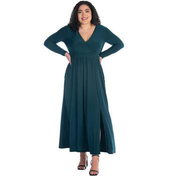 24seven Comfort Apparel Long Sleeve V Neck Side Slit Plus Size Maxi Dress