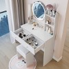 LED Vanity Table Set with Round Mirror and Cushioned Stool, Adjustable Brightness & Storage for Small Spaces-Cuddlewood - 3 of 4