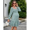 Coolmee Women's Maternity Mini Dress Puff Long Sleeve Smocked Square Neck Floral A Line Flowy Short Dress - 3 of 4