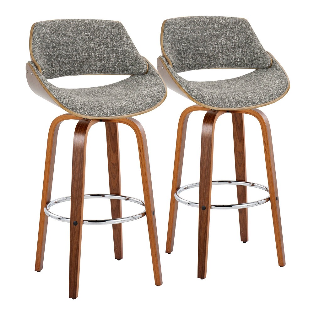 Photos - Chair LumiSource Set of 2 Fabrizzi Barstools Walnut/Chrome/Gray: Mid-Century Modern Design, 29" Fixed Height, Swivel, Footrest