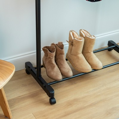 Adjustable Black Metal Single Rod Clothes Rack with Wheels