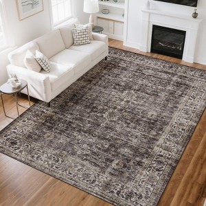 Machine Washable Rug Vintage Floral Rug Distressed Oriental Rug with Non Slip Backing, Low Pile Thin Soft Carpet - 1 of 4