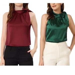INSPIRE CHIC Women's Elegant Satin Sleeveless Bow Tie Mock Neck Solid Work Blouse 2 Packs - 1 of 4