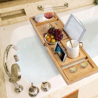 PiccoCasa Bathtub Tray Adjustable Caddy Tray w Extendable Side Bamboo Bathroom Tray 40.2" x 8.9" x 1.6" Brown 1 Pc