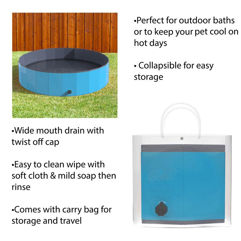 Portable Dog Pool for Large Dogs - Foldable Plastic Bathing Tub with Drain and Carrying Bag for Pets and Backyard Play with Kids by PETMAKER (Blue), 3 of 8