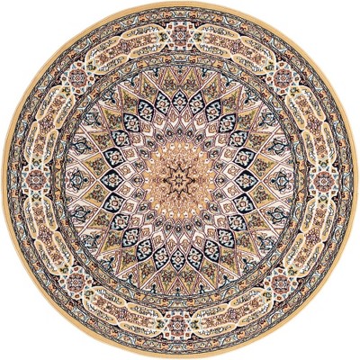 Elegant Tan Round Synthetic Indoor Rug with Traditional Persian Design
