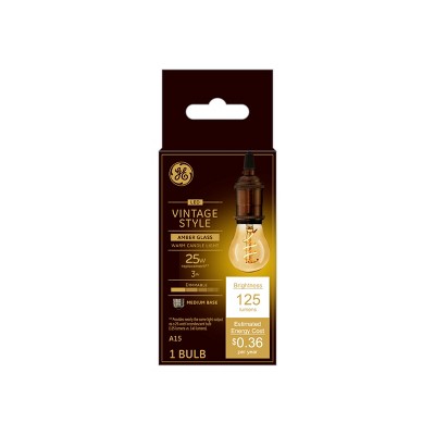 GE 3W 25W Equivalent LED Light Bulb Amber Glass Warm Candle Light: Dimmable Edison A15, E26 Base, 2000K, 125 Lumens