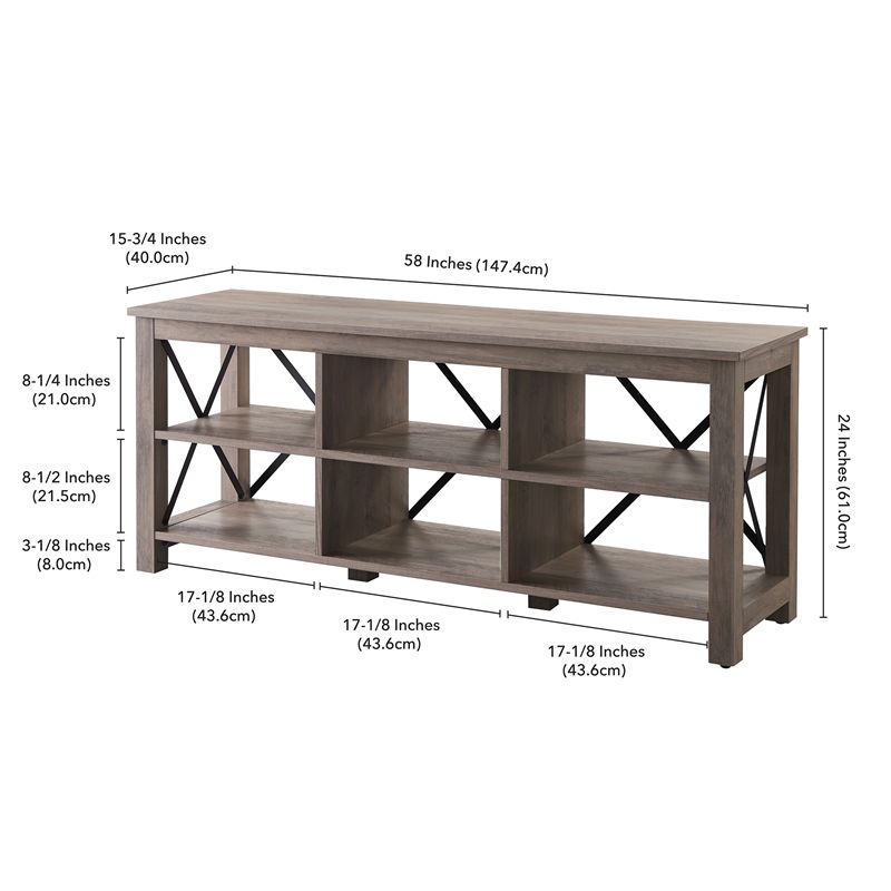 58" Open Back TV Stand in Gray Oak Wood with Metal Black Accents - Henn&Hart, 5 of 9