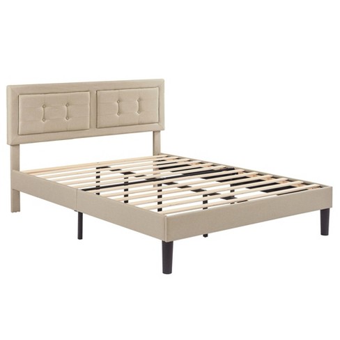 Vecelo Beige Upholstered Bed Wood And Metal Frame Full Platform Bed ...