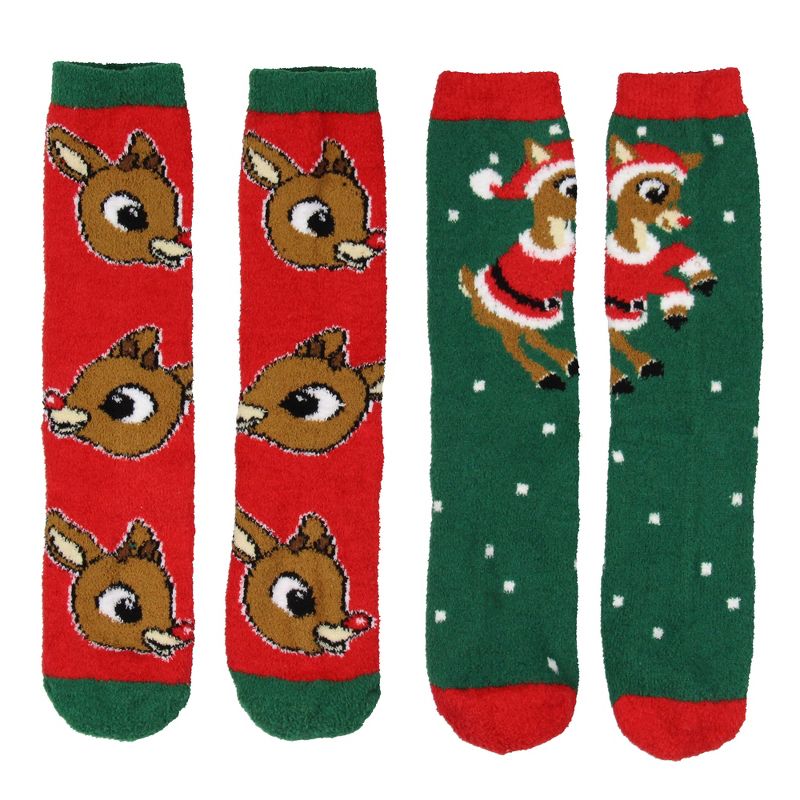 Rudolph The Red Nosed Reindeer Christmas Adult Fuzzy Plush Crew Socks 2 Pack Multicoloured, 1 of 5