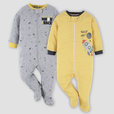 Image of Gerber Baby 2pk Blast Off Space Zip-Front Sleep N' Play - Yellow/Gray Newborn