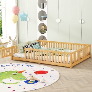 Toddler Floor Bed Frame With Safety Guardrails, Doors, Wood Slat Support Bed, Detachable Platform Bed For Kids Girls Boys - 1 of 4
