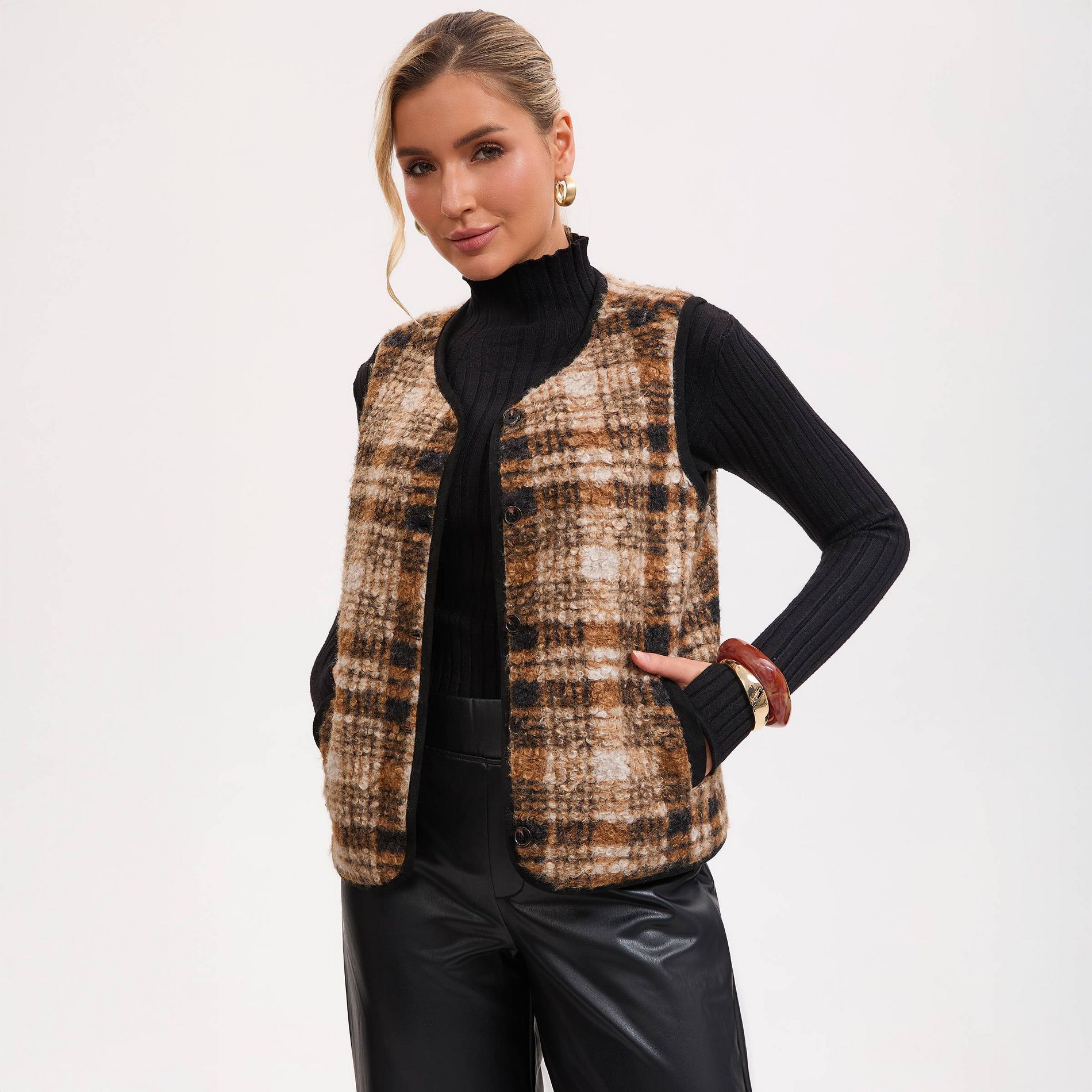 Women's Button-Down Vest - A New Day™ Brown Plaid