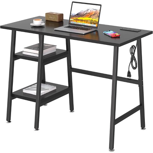 VECELO Computer Desk Home Office Workstation Study Laptop Table with Power Outlets and 2 Tier Storage Shelves Black/Oak - image 1 of 4