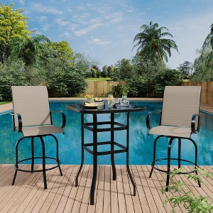 Garvee 3 Piece Swivel Outdoor Table and Chairs Bar Set, Outdoor High Stool Bistro Set with High Glass Bar Table for Lawn, Garden, Balcony - 1 of 4