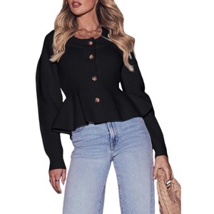 Coolmee Women's Cropped Cardigan Sweaters Fall Sleeve Button Cardigans Ruffled Hem Cute Sweater - 1 of 4