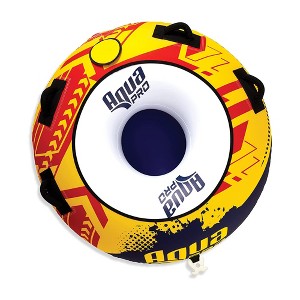 AquaPro 50 Inch Heavy Duty Double Stitched Nylon Deck Style Water Towable 2 Person Rider Tube with Quick Rope Connection, Yellow and Red - 1 of 4
