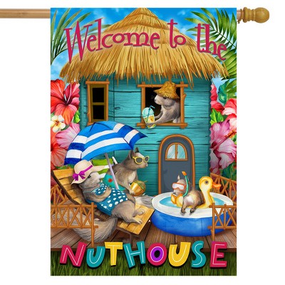 Summer Nuthouse Humor House Flag with Colorful Squirrels