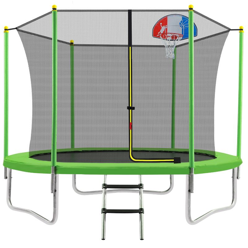 10 FT Round Outdoor Trampoline for Kids with Safety Enclosure Net, Basketball Hoop and Ladder, Green-ModernLuxe, 2 of 16